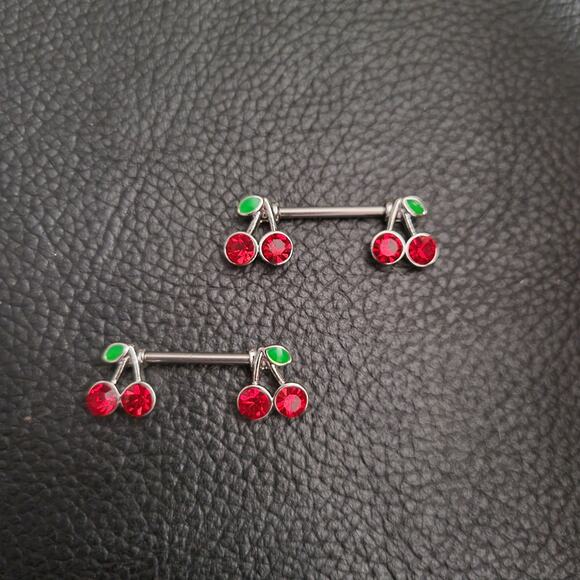 Crystal cherry stainless steel nipple rings piercing barbell 14 gauge - Picture 1 of 2